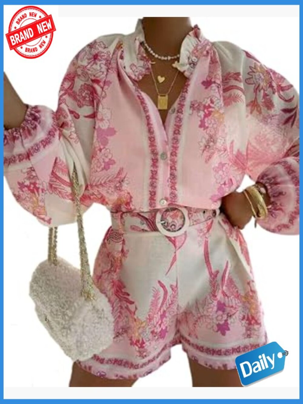 Women's Boho Short Sleeve Button Down & Shorts Lounge Set